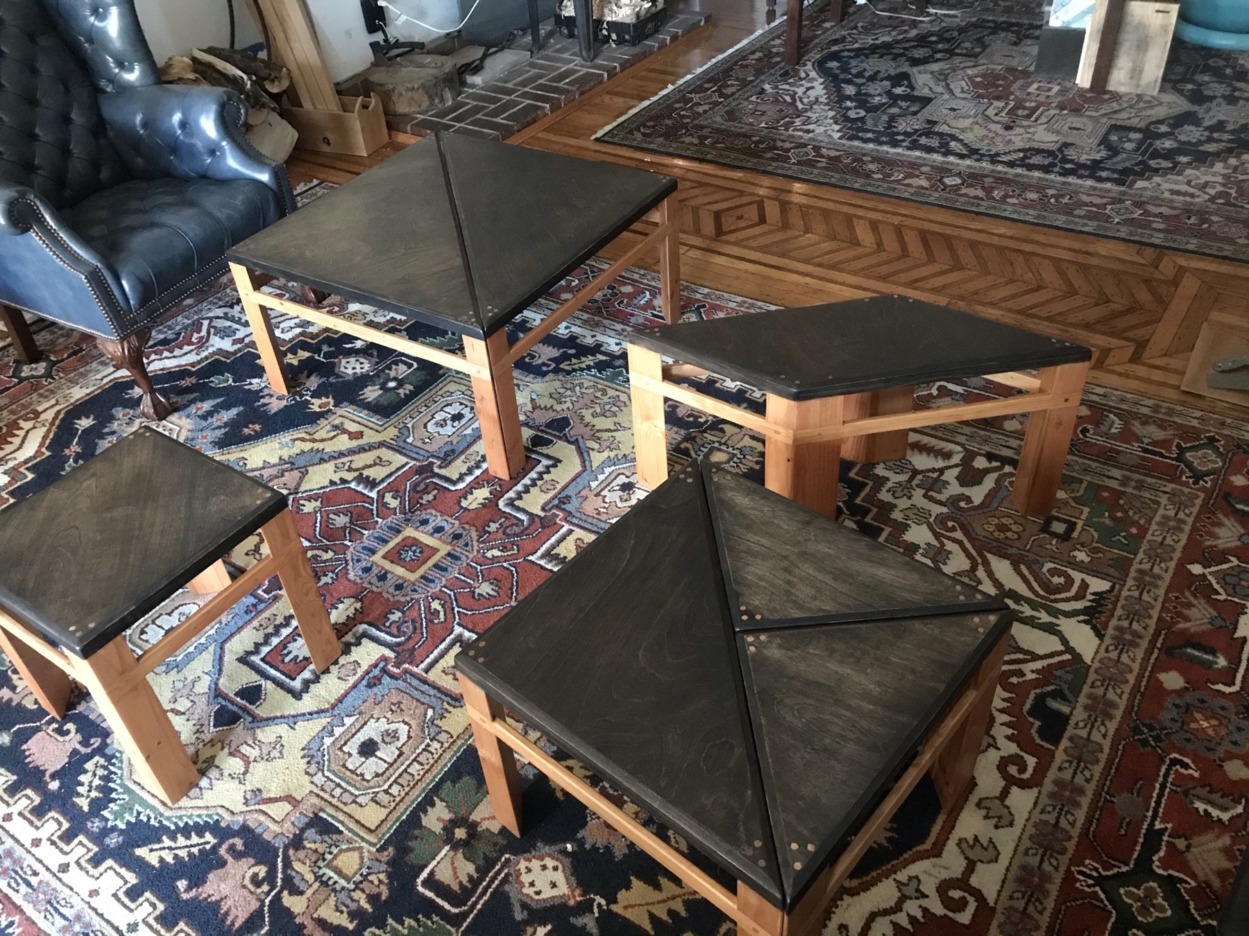 Finished tangram table pieces arranged separately